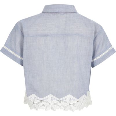 Girls blue chambray crochet hem shirt